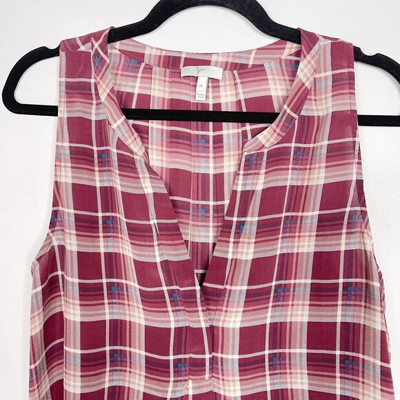 Joie Medium M Aruna Silk Plaid Sleeveless Blouse Top V Neck Red Pink Womens - Picture 3 of 12